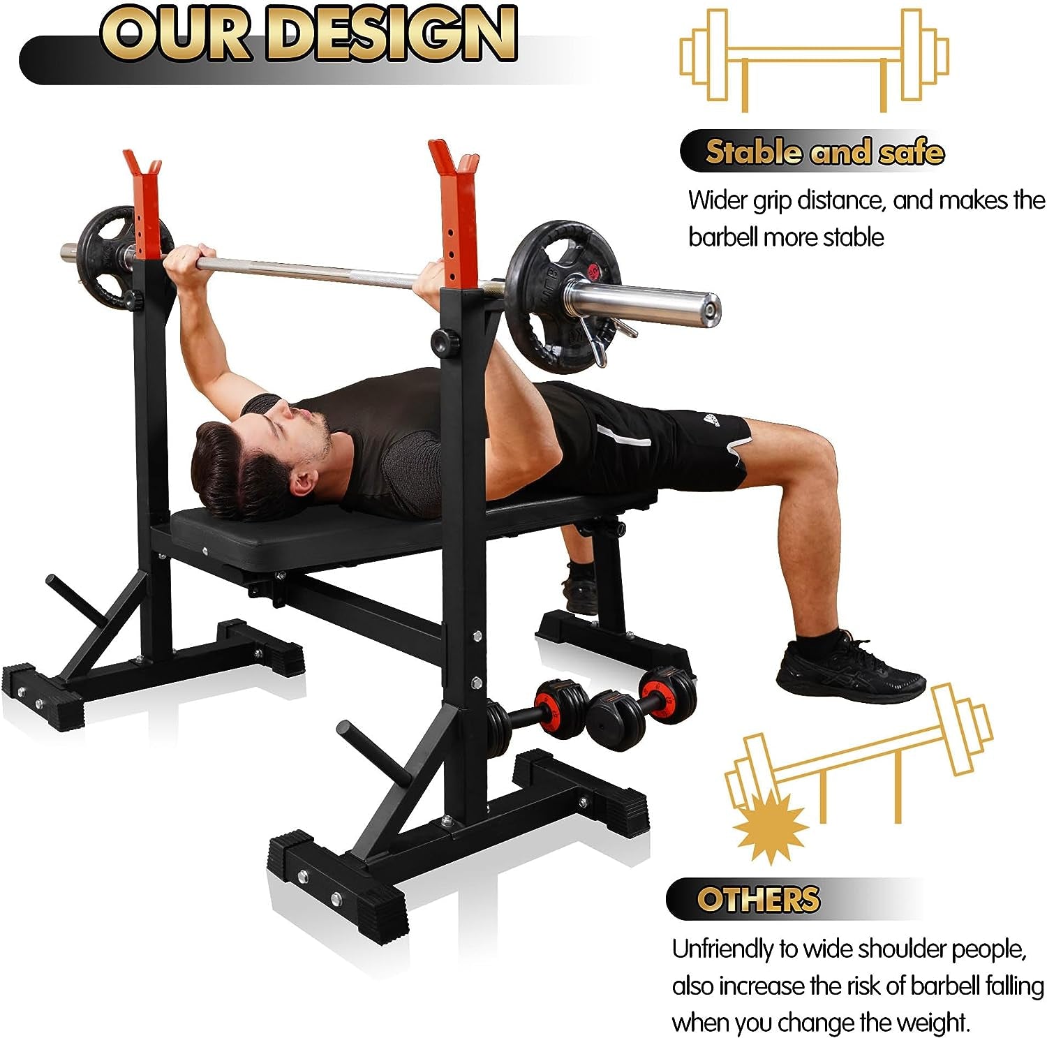 Bench Press,  Olympic Weight Bench with Squat Rack Workout Bench Adjustable Barbell Rack Stand Strength Training Home Gym Multi-Function