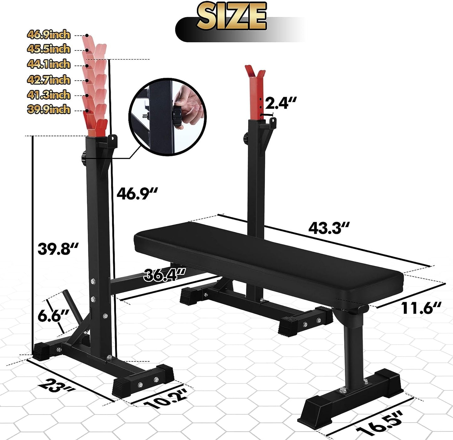 Bench Press,  Olympic Weight Bench with Squat Rack Workout Bench Adjustable Barbell Rack Stand Strength Training Home Gym Multi-Function